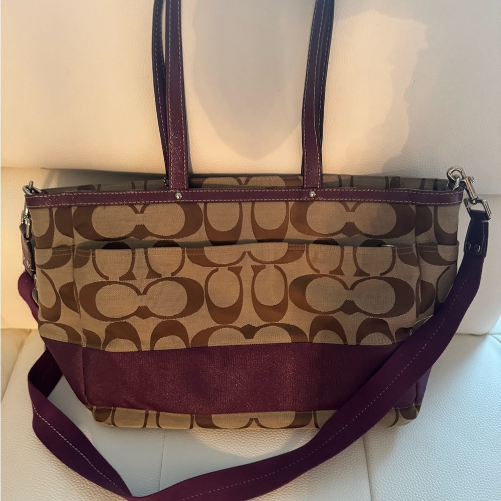 Coach Purple and Tan Signature Tote with Leather Accents